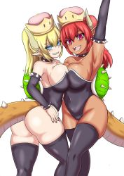 Rule 34 | 2girls, :d, arm up, armpits, ass, bare shoulders, black legwear, black nails, blonde hair, blue eyes, bowsette, breast press, breasts, cleavage, collar, commentary, covered navel, crown, curvy, dark-skinned female, dark skin, detached sleeves, dual persona, eyes visible through hair, grin, hair between eyes, highres, hip focus, horns, huge breasts, legs, leotard, looking at viewer, mario (series), multiple girls, nail polish, nav (itsnav), new super mario bros. u deluxe, nintendo, open mouth, pink eyes, pointy ears, ponytail, red hair, sharp teeth, simple background, smile, spiked collar, spiked tail, spikes, super crown, symmetrical docking, tail, teeth, thick eyebrows, thick thighs, thighhighs, thighs, tongue, turtle shell, white background, wide hips