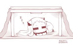 Rule 34 | 10s, 1girl, = =, abyssal ship, commentary request, contemporary, horns, kantai collection, kotatsu, long hair, lying, mittens, monochrome, northern ocean princess, on stomach, sleeping, solo, table, twitter username, under kotatsu, under table, yamato nadeshiko, zzz