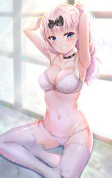 Rule 34 | 1girl, absurdres, armpits, arms up, black bow, black choker, blue eyes, blunt bangs, blush, bow, bra, breasts, choker, cleavage, collarbone, commentary request, feet, fujiwara chika, grin, groin, hair bow, head tilt, highres, holding, holding own hair, indian style, indoors, kaguya-sama wa kokurasetai ~tensai-tachi no renai zunousen~, lace trim, large breasts, lingerie, long hair, looking at viewer, navel, no shoes, panties, pink hair, revision, side-tie panties, sitting, smile, solo, stomach, sunhyun, thighhighs, thighs, underwear, underwear only, white bra, white panties, white thighhighs, window