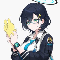 Rule 34 | 1girl, black hair, black jacket, blue-framed eyewear, blue archive, blue necktie, blush, breasts, chihiro (blue archive), closed mouth, collared shirt, glasses, green eyes, hair between eyes, hair ornament, halo, highres, jacket, large breasts, long sleeves, mitsumoto amata, necktie, open clothes, open jacket, rabbit hair ornament, shirt, short hair, simple background, solo, watch, white background, white shirt, wristwatch