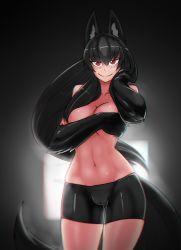 Rule 34 | 1girl, alternate costume, animal ears, animal hands, anubis (monster girl encyclopedia), bike shorts, black hair, breasts, cameltoe, cleavage, cleft of venus, covering breasts, covering privates, cowboy shot, dog ears, dog paws, dog tail, egyptian, highres, large breasts, less, long hair, monster girl, monster girl encyclopedia, navel, red eyes, smile, solo, tail, topless, very long hair
