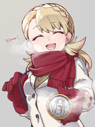 Rule 34 | 1girl, alternate costume, asymmetrical bangs, blonde hair, can, closed eyes, drink can, facing viewer, fire emblem, fire emblem heroes, gloves, highres, kishiro azuhito, nintendo, open mouth, sharena (fire emblem), smile, soda can, upper body