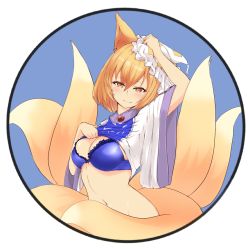 Rule 34 | 1girl, animal ears, animal hat, arm up, blonde hair, blush, bra, breasts, brother (artist), circle, clothes lift, commentary request, fox ears, fox tail, frilled bra, frills, groin, hair between eyes, hand on headwear, hat, highres, lifted by self, light smile, looking at viewer, medium breasts, mob cap, multiple tails, navel, round image, shirt, shirt lift, short hair, short sleeves, solo, stomach, tabard, tabard lift, tail, touhou, underwear, white background, white bra, white hat, white shirt, wide sleeves, yakumo ran, yellow eyes
