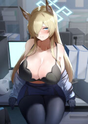 Rule 34 | 1girl, absurdres, animal ears, black bra, blonde hair, blue archive, blue eyes, bra, breasts, closed mouth, commentary request, fon (96nokimihito), hair over one eye, halo, highres, huge breasts, kanna (blue archive), looking at viewer, sitting, solo, underwear