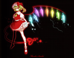 Rule 34 | 1girl, black background, blonde hair, bloomers, bow, character name, crystal, dress, female focus, flandre scarlet, frills, glowing, hat, laevatein, mami (apsaras), mary janes, mob cap, rainbow order, red eyes, red skirt, shoes, side ponytail, skirt, socks, solo, touhou, underwear, white bloomers, wings