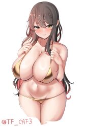 Rule 34 | 1girl, alternate breast size, bikini, black hair, breasts, cleavage, cropped legs, gold bikini, hands on own chest, highres, huge breasts, kantai collection, long hair, looking at viewer, lowleg, lowleg bikini, multicolored hair, naganami (kancolle), one-hour drawing challenge, pink hair, simple background, solo, standing, streaked hair, swimsuit, tf cafe, thigh gap, twitter username, two-tone hair, wavy hair, white background