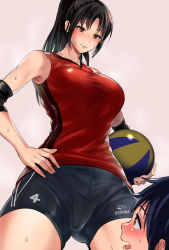 Rule 34 | 1boy, 1girl, age difference, armpits, artist name, ball, bare shoulders, black hair, blush, breasts, brown eyes, child, closed mouth, cowboy shot, embarrassed, from below, hand on own hip, height difference, highres, holding, holding ball, large breasts, long hair, looking at another, looking down, looking up, nose blush, original, ponytail, pukara, shorts, smile, sportswear, sweat, tall female, volleyball (object), volleyball uniform, you gonna get raped