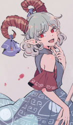 Rule 34 | 1girl, bare shoulders, blue dress, breasts, dress, earrings, fang, fangs, grey background, grey hair, hand up, horns, jewelry, looking to the side, medium breasts, mozukuzu (manukedori), off-shoulder dress, off shoulder, open mouth, pointy ears, purple ribbon, red eyes, red sleeves, ribbon, short hair, short sleeves, simple background, smile, solo, spoon, standing, teeth, tongue, touhou, toutetsu yuuma, wavy hair, weapon, wide sleeves