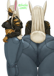 Rule 34 | 1girl, animal ears, ass, bare shoulders, boku no hero academia, cameltoe, dark-skinned female, dark skin, denim, from below, from side, highres, hood, hooded jacket, huge ass, jacket, jeans, long hair, looking at viewer, mask, mirko, pants, platinum blonde hair, rabbit ears, rabbit tail, red eyes, shiny clothes, shiny skin, shosho oekaki, skin tight, solo, tail, thick thighs, thigh gap, thighs
