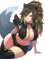 Rule 34 | 1girl, absurdres, animal ears, belt collar, black hair, black thighhighs, blush, borrowed character, breasts, cleavage, collar, commentary request, commission, curvy, fang, hair over one eye, highres, huge breasts, jewelry, large breasts, long hair, looking at viewer, multicolored hair, navel, necklace, open mouth, original, ponytail, short shorts, shorts, simple background, skeb commission, smile, solo, spiked collar, spikes, suruga (xsurugax), tail, thick thighs, thighhighs, thighs, white background, wide hips, wolf ears, wolf girl, wolf tail
