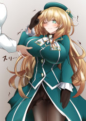 Rule 34 | 1boy, 1girl, admiral (kancolle), atago (kancolle), beret, black gloves, black pantyhose, blonde hair, blue eyes, blue headwear, blush, breast hold, breasts, embarrassed, gloves, green eyes, hair between eyes, hat, highres, kantai collection, large breasts, long hair, looking at viewer, military, military uniform, naval uniform, out of frame, pantyhose, pulumelo, salute, skirt, smile, uniform, white background