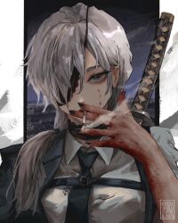 Rule 34 | 1girl, black nails, blood, blood on face, blood on hands, chainsaw man, chest harness, cigarette, collared shirt, eyepatch, formal, grey eyes, grey hair, hair over one eye, hair over shoulder, harness, highres, holding, holding cigarette, katana, lace, lace trim, long hair, looking at viewer, low ponytail, quanxi (chainsaw man), shirt, smoke, smoking, solo, suit, sword, taorotana, weapon, white shirt