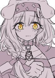 Rule 34 | 1girl, animal ears, arknights, bow, braid, cat ears, collar, collarbone, floppy ears, goldenglow (arknights), hair bow, hair ornament, hairband, hairclip, hand up, highres, kiyurotchi, looking at viewer, monochrome, print hairband, simple background, solo, spot color, tearing up, upper body, white background, yellow eyes