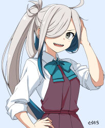 Rule 34 | 1girl, asashimo (kancolle), blue background, blue hair, bow, bowtie, dress, grey eyes, grey hair, hair over one eye, hand on own hip, kantai collection, long hair, looking at viewer, moti coi, multicolored hair, one-hour drawing challenge, open mouth, ponytail, purple dress, sharp teeth, shirt, signature, simple background, solo, teeth, white shirt