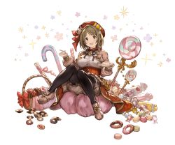 Rule 34 | 10s, 1girl, :d, bag, black pantyhose, bloomers, breasts, brown eyes, brown hair, cake, cake slice, candy, candy cane, checkerboard cookie, cookie, doughnut, dress, flower, food, full body, granblue fantasy, hair flower, hair ornament, hat, idolmaster, idolmaster cinderella girls, large breasts, lollipop, macaron, mimura kanako, minaba hideo, official art, open mouth, pantyhose, pouch, ribbon, short hair, sitting, smile, solo, sparkle, spoon, swirl lollipop, thumbprint cookie, transparent background, underwear, wrapped candy