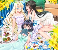 Rule 34 | 10s, 3girls, :d, all fours, armchair, asobi asobase, bare arms, bare shoulders, black hair, blonde hair, blue eyes, blue hairband, blurry, blurry foreground, blush, book, breasts, brown eyes, chair, cleavage, closed mouth, collarbone, commentary request, cup, cupcake, depth of field, dress, fingernails, flower, food, hair between eyes, hairband, hands up, holding, holding book, honda hanako, indoors, long hair, lying, medium breasts, multiple girls, nomura kasumi, off-shoulder dress, off shoulder, olivia (asobi asobase), on back, open book, open mouth, petals, plaid, purple dress, round teeth, saucer, short hair, sidelocks, sitting, sleeveless, sleeveless dress, small breasts, smile, swordsouls, tea, teacup, teapot, teeth, tiered tray, upper teeth only, very long hair, white dress, wooden floor, yellow flower