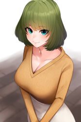 Rule 34 | 1girl, blush, bob cut, breasts, cleavage, collarbone, commentary request, green hair, highres, idolmaster, idolmaster cinderella girls, large breasts, looking at viewer, mole, mole under eye, senju (snz0), skirt, smile, solo, sweater, sweater tucked in, takagaki kaede, v-neck, white skirt, wooden floor, yellow sweater