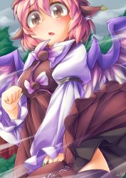 Rule 34 | 1girl, animal ears, black thighhighs, blush, dress, earrings, fingernails, fun bo, hat, jewelry, long sleeves, looking at viewer, looking down, musical note, mystia lorelei, nail polish, pink hair, sharp fingernails, short hair, signature, single earring, solo, symbol-shaped pupils, thighhighs, touhou, wind, wind lift, wings