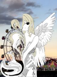 Rule 34 | 1girl, angel wings, black eyes, blonde hair, cowboy shot, dress, empty eyes, feathered wings, highres, long hair, looking at viewer, mochu (aoishikabane), original, parted lips, photo background, solo, standing, swirl, very long hair, white dress, white wings, wings