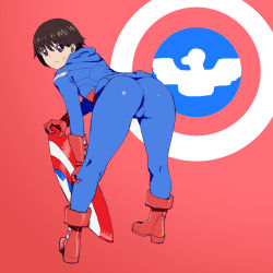 Rule 34 | 1girl, ass, blue jacket, blue pants, boots, brown eyes, brown hair, captain america, captain america (cosplay), closed mouth, commentary, cosplay, emblem, from behind, frown, gauntlets, girls und panzer, gloves, hand on own leg, highres, holding, holding shield, hood, hood down, isobe noriko, jacket, legs, looking at viewer, looking back, marvel, onsen tamago (hs egg), pants, red background, red footwear, red gloves, shield, short hair, solo, standing, sweatdrop, trefoil