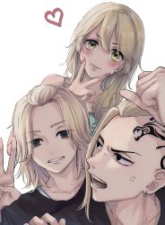 Rule 34 | 1girl, 2boys, absurdres, anger vein, black eyes, black shirt, blonde hair, blush, brother and sister, earrings, empty eyes, eyes visible through hair, forehead, hair between eyes, hand up, heart, highres, jewelry, long hair, looking at another, looking at viewer, maco (crea-0328), medium hair, multiple boys, nail polish, open mouth, parted lips, pink nails, ryuuguuji ken, sano emma, sano manjirou, shirt, siblings, simple background, single earring, smile, tattoo, teeth, tokyo revengers, upper body, v, v-shaped eyebrows, white background, yellow eyes