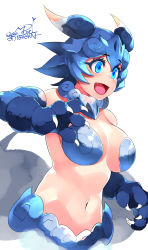 Rule 34 | 1girl, :d, animal hands, bare shoulders, blue eyes, blue hair, breasts, claws, commentary request, dated, fang, hair between eyes, happa (cloverppd), highres, kemono friends, large breasts, looking away, navel, open mouth, shiisaa right, short hair, signature, simple background, smile, solo, stomach, upper body, white background