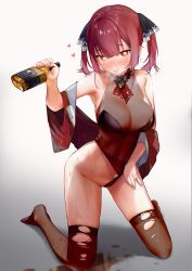Rule 34 | 1girl, alcohol, bare shoulders, black thighhighs, blush, bottle, breasts, cleavage, eyebrows hidden by hair, g li, grin, groin, heart, heart-shaped pupils, heterochromia, highres, hololive, houshou marine, kneeling, leotard, looking at viewer, purple hair, red eyes, see-through, see-through cleavage, skindentation, smile, solo, symbol-shaped pupils, thighhighs, torn clothes, torn thighhighs, twintails, virtual youtuber, whiskey, yellow eyes