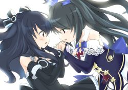 Rule 34 | bare shoulders, black hair, breasts, cleavage, coat, dress, hair ornament, hairclip, long hair, medium breasts, neptune (series), noire (neptunia), red eyes, ribbon, shibuminigai, skirt, small breasts, twintails, two side up, uni (neptune series)