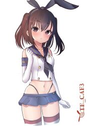 Rule 34 | 1girl, absurdres, black hairband, black neckerchief, black panties, blue sailor collar, blue skirt, brown eyes, brown hair, cosplay, cowboy shot, crop top, dress, elbow gloves, gloves, hairband, highleg, highleg panties, highres, kantai collection, microskirt, miniskirt, neckerchief, one-hour drawing challenge, panties, parted lips, pleated dress, sailor collar, sendai (kancolle), shimakaze (kancolle), shimakaze (kancolle) (cosplay), short hair, simple background, skirt, solo, standing, tf cafe, thighhighs, twitter username, two side up, underwear, white background, white gloves