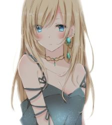 Rule 34 | 1girl, blonde hair, blue eyes, blush, breasts, chemise, cleavage, closed mouth, earrings, hiro (hirohiro31), jewelry, long hair, medium breasts, necklace, original, solo, strap slip, upper body