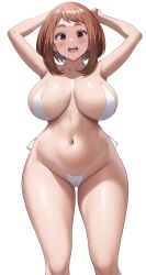 Rule 34 | 1girl, absurdres, alternate breast size, arms up, bikini, blush, boku no hero academia, breasts, brown eyes, brown hair, cleavage, collarbone, curvy, highres, huge breasts, jasony, looking at viewer, navel, short hair, smile, solo, stomach, swimsuit, thick thighs, thighs, uraraka ochako, white background, white bikini, wide hips