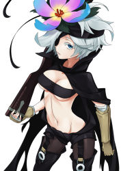 Rule 34 | 10s, 1girl, absurdres, bandeau, black footwear, black pantyhose, blue eyes, boots, breasts, cape, cleavage, colored eyelashes, detached sleeves, eyepatch, flamie speeddraw, flower, flower hat, gloves, grey hair, groin, highres, mk, navel, pantyhose, rokka no yuusha, solo, thigh boots, thighhighs, thighhighs over pantyhose, underboob, watermark, web address