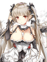 Rule 34 | 1girl, azur lane, bare shoulders, between breasts, black choker, black dress, black ribbon, blush, breasts, choker, closed mouth, collarbone, dress, earrings, floating hair, formidable (azur lane), grey hair, hair ribbon, hand in own hair, hand up, highres, jewelry, large breasts, long hair, looking at viewer, mutang, red eyes, ribbon, solo, twintails, two-tone dress, two-tone ribbon, upper body, very long hair, white background, white choker, white dress, white ribbon
