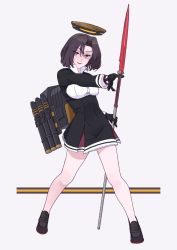 Rule 34 | 1girl, bad id, bad twitter id, black dress, black footwear, black gloves, black hair, dress, full body, glaive (polearm), gloves, hair intakes, halo, headgear, kantai collection, loafers, machinery, mechanical halo, ojipon, polearm, purple eyes, shoes, short hair, solo, standing, tatsuta (kancolle), white background