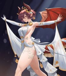 Rule 34 | 1girl, absurdres, ahoge, ass, bare shoulders, breasts, covered erect nipples, detached sleeves, dragon girl, dragon horns, dragon tail, dragon wings, dress, feet out of frame, gloves, granblue fantasy, grea (shingeki no bahamut), grin, hair between eyes, halter dress, halterneck, highres, horns, large breasts, looking at viewer, manaria friends, outstretched arms, pointy ears, purple hair, red eyes, revealing clothes, short hair, shou illust, sideboob, sideless outfit, sideways glance, single glove, smile, solo, tail, thighs, white dress, wings