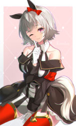 Rule 34 | 1girl, animal ears, bare shoulders, black jacket, blush, bow, breasts, character name, collarbone, collared dress, commentary, curren chan (umamusume), dress, ear bow, gloves, grey hair, hand up, highres, horse ears, horse girl, horse tail, index finger raised, jacket, long sleeves, looking at viewer, medium breasts, off-shoulder jacket, off shoulder, one eye closed, parted lips, pink background, purple eyes, red bow, red thighhighs, rukinya (nyanko mogumogu), short hair, sitting, sleeveless, sleeveless dress, smile, solo, striped clothes, striped dress, tail, thighhighs, umamusume, vertical-striped clothes, vertical-striped dress, white dress, white gloves