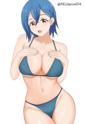Rule 34 | 1girl, absurdres, bikini, blue bikini, blue hair, breasts, cleavage, collarbone, commentary, crossed bangs, earrings, eclyart, english commentary, hair behind ear, hair between eyes, hands on own chest, highres, jewelry, large breasts, looking at viewer, love live!, love live! superstar!!, mixed-language commentary, navel, open mouth, red eyes, short hair, solo, stud earrings, swimsuit, twitter username, wakana shiki, white background