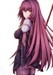 Rule 34 | 1girl, armor, ass, bad id, bad pixiv id, bodysuit, breasts, fate/grand order, fate (series), gae bolg (fate), holding, holding weapon, long hair, looking at viewer, looking back, medium breasts, ohguro mariya, pauldrons, polearm, purple bodysuit, purple hair, red eyes, scathach (fate), scathach (fate), shoulder armor, simple background, smile, solo, spear, standing, weapon, white background