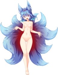 Rule 34 | 1girl, animal ears, artist request, barefoot, blue hair, breasts, completely nude, copyright request, fox ears, fox tail, full body, gluteal fold, highres, looking at viewer, multiple tails, navel, nipples, no pussy, nude, open mouth, purple eyes, short hair, small breasts, solo, tail, thick eyebrows, transparent background, wide-eyed