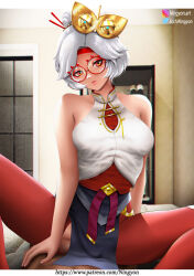 Rule 34 | 1boy, 1girl, blurry, blurry background, breasts, collarbone, commentary, cowgirl position, english commentary, eyewear on head, female pubic hair, grey hair, hair ornament, hair stick, hetero, highres, implied sex, indoors, lips, looking at viewer, medium breasts, ningyon mereman, nintendo, pantyhose, patreon username, pelvic curtain, pov, pubic hair, purah, red-framed eyewear, red eyes, red pantyhose, sheikah, shirt, short hair, sleeveless, sleeveless shirt, spread legs, straddling, the legend of zelda, the legend of zelda: tears of the kingdom, torn clothes, torn pantyhose, uncensored, updo, white shirt