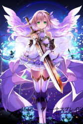Rule 34 | 1girl, bare shoulders, blonde hair, boots, breasts, closed mouth, copyright name, copyright request, dress, elbow gloves, elbow pads, feathered wings, flower, gloves, green eyes, hair ornament, heart, highres, holding, holding sword, holding weapon, huge weapon, jewelry, long hair, looking at viewer, medium breasts, meteor shower, official art, original, short dress, sleeveless, sleeveless dress, solo, spread wings, standing, sword, thighhighs, weapon, white dress, white footwear, white gloves, white thighhighs, white wings, wings, yuuki kira