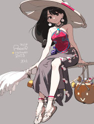 Rule 34 | 1girl, bare shoulders, black eyes, black hair, broom, broom riding, candy, earrings, food, grey background, halloween, hat, highres, jewelry, long hair, long skirt, looking at viewer, original, sand, side slit, simple background, skirt, smile, solo, tennohi, witch hat
