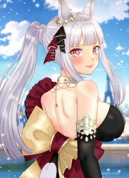 Rule 34 | 1girl, animal ears, asymmetrical clothes, asymmetrical dress, back, bare shoulders, black dress, black sleeves, blue sky, cloud, cloudy sky, commentary request, detached sleeves, dress, ear ornament, gem, gold ship (la mode 564) (umamusume), gold ship (umamusume), grey hair, hair ornament, highres, horse ears, horse girl, horse tail, jewelry, licking lips, long hair, looking back, momomiyaj p, necklace, official alternate costume, official alternate hairstyle, outdoors, ponytail, red gemstone, single bare shoulder, sky, smile, solo, tail, tongue, tongue out, umamusume
