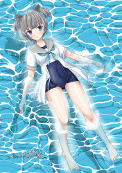 Rule 34 | 1girl, absurdres, aqua neckerchief, barefoot, blue eyes, blue one-piece swimsuit, dated, floating, full body, grey hair, grey sailor collar, hair between eyes, headgear, highres, i-36 (kancolle), kantai collection, looking at viewer, neckerchief, old school swimsuit, one-piece swimsuit, sailor collar, sailor shirt, school swimsuit, senon, shirt, short hair, solo, swimsuit, swimsuit under clothes, twintails, twitter username, water