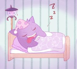 Rule 34 | bad id, bad pixiv id, bed, blanket, creature, creatures (company), closed eyes, full body, game freak, gen 1 pokemon, gen 5 pokemon, gengar, lampent, mei (maysroom), nintendo, no humans, pillow, pokemon, pokemon (creature), sleeping, sound effects, striped, striped background, tongue, tongue out, vertical stripes, zzz