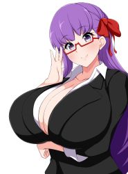 Rule 34 | 1girl, adjusting glasses, arm under breasts, bb (fate), bb (fate/extra), breasts, business suit, cleavage, collared shirt, fate (series), finger to glasses, formal, glasses, hair ornament, hair ribbon, highres, huge breasts, jabara tornado, long hair, looking at viewer, matching hair/eyes, matou sakura, office lady, purple eyes, purple hair, red ribbon, ribbon, ribbon in hair, semi-rimless eyewear, shirt, smile, solo, suit