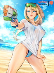 Rule 34 | 1girl, artist name, beach, blonde hair, blue eyes, blue sky, breasts, closed mouth, cloud, cloudy sky, day, eyewear on head, fingernails, hand up, holding, lips, long hair, medium breasts, metroid, mystra77, nintendo, one-piece swimsuit, outdoors, ponytail, samus aran, sand, see-through, shiny skin, shirt, short sleeves, signature, simple background, sky, solo, sunglasses, swimsuit, t-shirt, thighs, water gun, wet, wet clothes, wet shirt