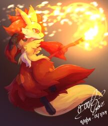 creatures_(company) dated delphox fire game_freak gen_6_pokemon ginja_k_ninja highres holding holding_stick multicolored_fur nintendo orange_eyes pokemon pokemon_(creature) red_fur signature solo stick white_fur yellow_fur