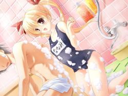 Rule 34 | 1boy, 1girl, :d, bath, bathing, black one-piece swimsuit, blonde hair, blush, clothed female nude male, game cg, konneko, mikeou, minamino nanami, mixed-sex bathing, name tag, nude, one-piece swimsuit, open mouth, school swimsuit, shared bathing, smile, soap bubbles, solo focus, swimsuit, tile wall, tiles, twintails