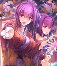 Rule 34 | 3girls, :d, alternate costume, alternate hairstyle, breasts, commentary request, fate/grand order, fate (series), food, food on face, hair ribbon, ice cream, ice cream cone, ice cream on face, japanese clothes, kimono, large breasts, looking at viewer, medb (fate), multiple girls, open mouth, pakupaku choppu, pink hair, popsicle, purple hair, purple kimono, reaching, reaching towards viewer, red eyes, religious offering, ribbon, scathach (fate), scathach skadi (fate), smile